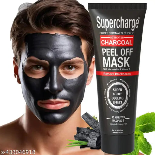 Supercharge Activated Charcoal Peel Off Mask for Men- 50gm, Detoxifies Skin, Deep Cleansing, Prevents Pore Clogging, Removes Blackheads