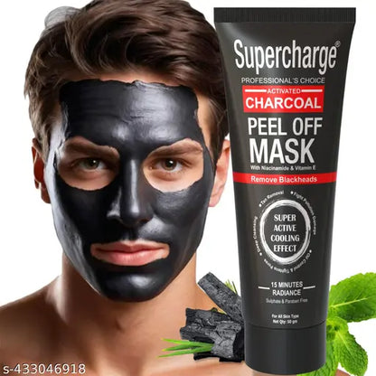 Supercharge Activated Charcoal Peel Off Mask for Men- 50gm, Detoxifies Skin, Deep Cleansing, Prevents Pore Clogging, Removes Blackheads